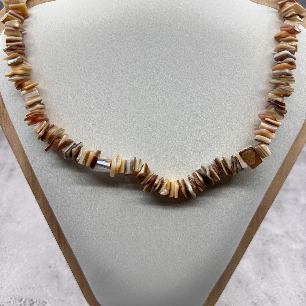 Mother of Pearl Shell Chip Necklace Brown Cream Boho Layering Statement Vintage